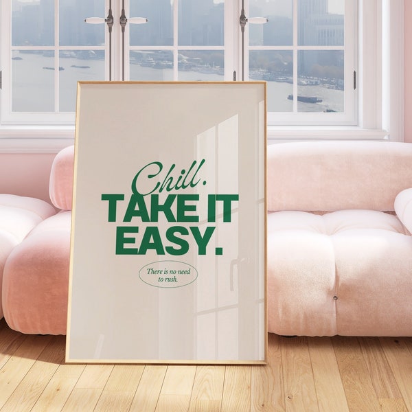 Retro Take It Easy Quote Print • Green Aesthetic Vintage Style Poster • Typography Wall Art • Funky Dorm Room Decor • Green Preppy Prints