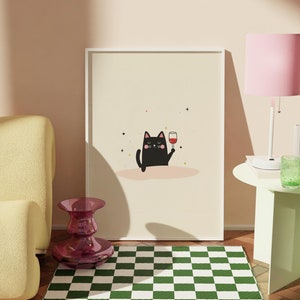 Arte mural de dibujos animados de gatos • Impresión de lindo gato negro con copa de vino • Arte digital de gatito divertido • Póster de mujer gata • Impresión animal minimalista para amantes de los gatos
