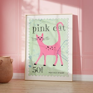 Funky Pink Cat Print • Girly Eclectic Home Decor • Cute Postal Stamp Wall Art • Pastel Colored Printable Art • Funky Vintage Stamp Prints