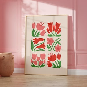 Pink Red Funky Flowers Digital Print • Retro Floral Arrangement • Preppy Pink Prints For Girls Bedroom • Girly Wall Art Aesthetic Room Decor