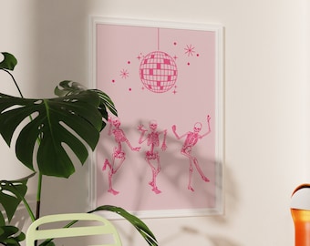 Disco Dancing Skeletons Print • Halloween Funny Aesthetic Print • Funky 70s Living Room Decor • Blush Pink Girly Dorm Room Decor Digital Art