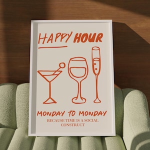 Trendy Happy Hour Print • Funny Bar Cart Digital Art • Orange Minimalist Drinks Art • Happy Hour Club Wall Art • Funny Kitchen Decor