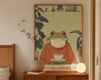 Arte murale rana e caffè • Stampa murale rana retrò funky • Stampa di tendenza anni '70 per la cura di sé • Poster Zen per la salute mentale • Decorazione murale Cottagecore Vibe