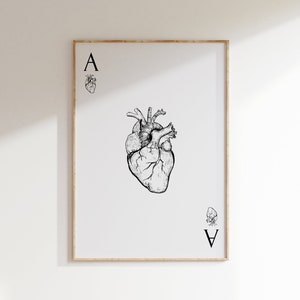 Ace of Hearts Poster • Speelkaarten Print • Anatomisch hart • Trendy Wall Art • B&W Decor voor woonkamer, slaapkamer, pokerkamer
