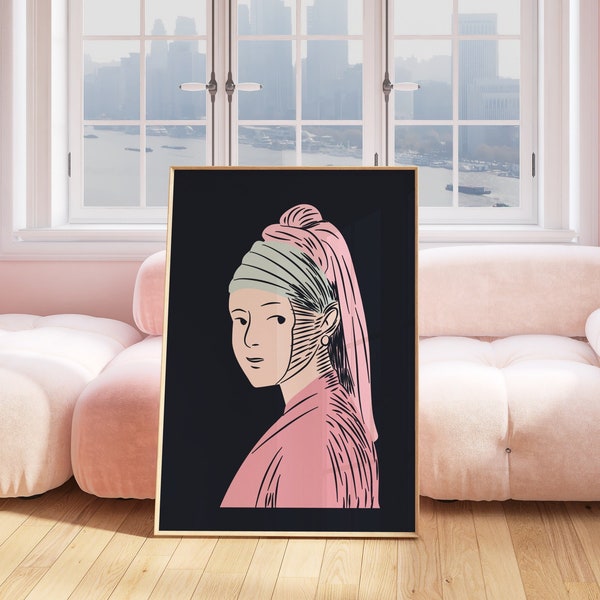 Pastel Girl With A Pearl Earring Print • Retro Johannes Vermeer Art Drawing • Funky Classic Wall Art• Trendy 1600's Painting Poster• Digital