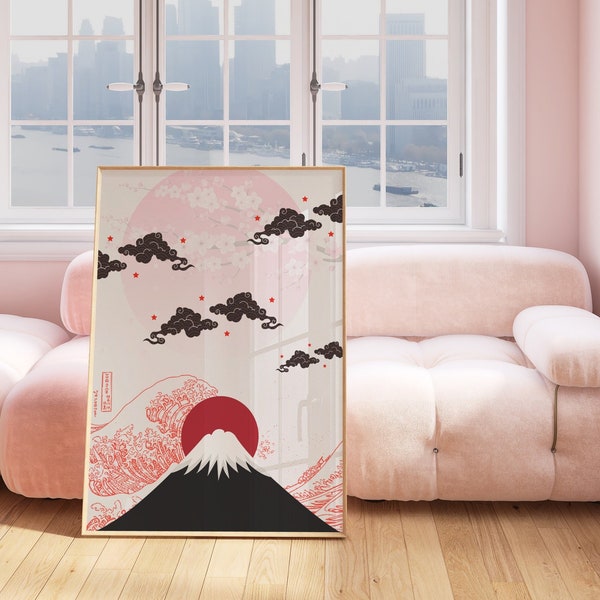 Japanese Landscape Print • Blush Pink Cute Japan Wall Art • Mountain Sunset Wall Decor • Black White Girly Scenery Poster •