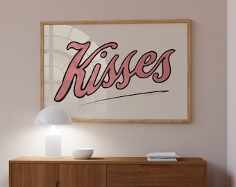 Kisses Typography Print • Horizontal Retro Art • Trendy Girly Wall Art • Vintage Writing Indie Living Room Decor • Entranceway Hallway Decor
