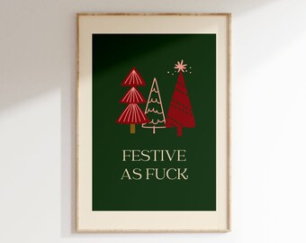 Lustige festliche Weihnachten Wandkunst • Grüner Retro-Weihnachtsdruck • Winter-Weihnachtsbäume Grünes Feiertags-Poster • Hilarious Y2K Home Decor Aesthetic