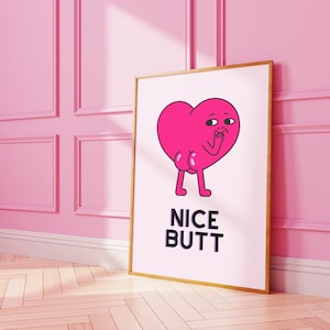 Funny Nice Butt Print In Hot Pink • Retro Super Cute Bathroom Decor • Heart Wall Art • Preppy Girly Wall Art • Cute Bum • Funny Shower Art
