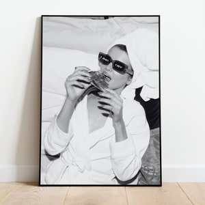 Woman Eating Pizza Print • Old Money Fashion Poster • &quot;I Don&#39;t Care&quot; • Black And White Feminist Wall Art • Digital Print • Vintage Fashion