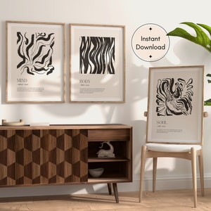 Mind Body Soul Set of 3 Prints • Abstract Black White Wall Art • Elegant Gallery Wall Art • Aesthetic Room Decor • Zen Wall Art Minimalistic