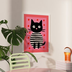 Poster chat rose funky • Imprimé amoureux des chats mignon dessiné à la main • Illustration de félin pour chambre d'enfant et dortoir pour bébé • Décoration d'appartement de l'an 2000 • Cadeau pour maman chat