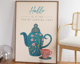 Hola, ¿es té lo que estás buscando? Impresión • Póster de cocina divertido para los amantes del té • Impresión de tetera y taza de té • Arte minimalista de pared con cita divertida