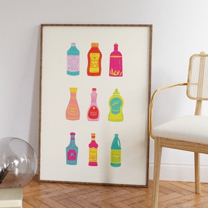 Funky Kitchen Condiments Print • Digitale Food Art Prints • Bunte Küchen Wanddekoration • Hochwertige druckbare Hot Sauce, Mayo, Sojasauce