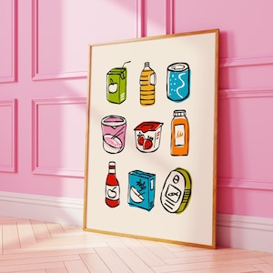Funky Lebensmittelartikel Poster • Bunte Lebensmittel Kunstdrucke • Niedliches Küchen Wanddekor • Apfelsaft, Thunfischdose, Erdbeerjoghurt, Müsli Poster