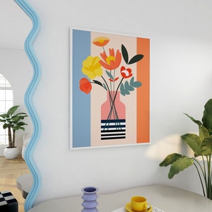 Ramo minimalista de flores en jarrón • Estampado floral colorido • Decoración de dormitorio para niñas • Estampado inspirado en el mercado de flores • Diseño floral sencillo