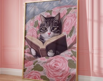 Reading Cat Portrait Digital Painting • Cozy Cat Reading A Book • Funny Gift Poster • Cat Lover Wall Art, Reading Nook Decor for Cat Moms