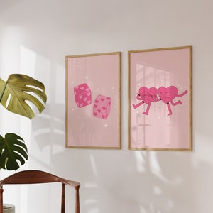 Blush Pink Lucky Dice + Hearts Characters Set of 2 Prints • Girly Retro Posters • Cute Aesthetic Preppy Pink Prints Digital Art • Dorm Decor
