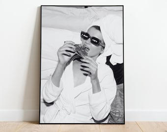 Woman Eating Pizza Print • Old Money Fashion Poster • "I Don't Care" • Black And White Feminist Wall Art • Digital Print • Vintage Fashion