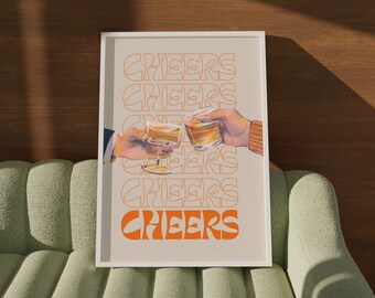 Neutral Bar Cart Print • Retro Cheers Whiskey Printable Art • Minimalist Alcoholic Prints • 70s Party Themed Poster • Happy Hour Wall Art