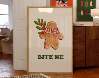 Lustiges Lebkuchen Zitat Druck • Retro Weihnachtsküche Dekor • Winter Groovy Bite Me Holiday Poster • Festliches Wohnzimmer Dekor Ästhetik