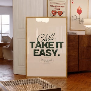 Vintage 70's Style Print • Midnight Green Take It Easy Poster • Chill Pill Text Wall Art • Cool Dorm Room Decor • Hot Girl Preppy Prints