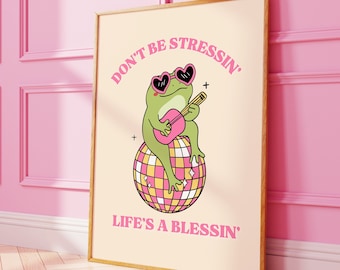 Frog Playing Music on Disco Ball • Trendy Frog Illustration • Frog Aesthetic Art Print • Pink Wall Art • Frog Poster Gift for Friends
