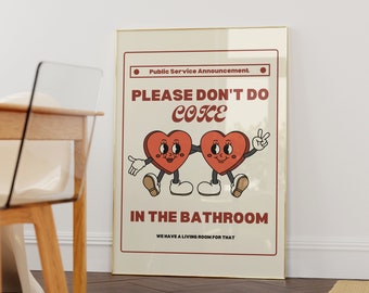 Retro Please Don't Do Coke In The Bathroom Print • Beige Groovy Animated Hearts Wall Art • Funny Bathroom Digital Art • 70s Aesthetic Poster