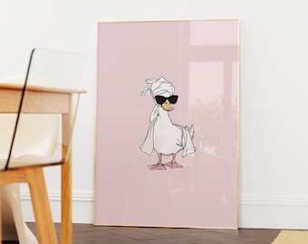 Duck in Head Towel &quot;It Girl&quot; Print • Cute Trendy Girly Aesthetic Bathroom Art • Minimalist Duck Digital Art • Preppy Dorm Decor, Duck Poster