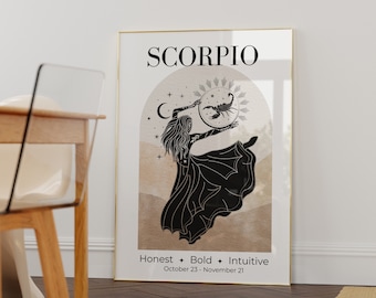 Arte de pared de la diosa del zodiaco Escorpio • Póster del zodiaco • Impresión de Escorpio • Arte de pared de astrología • Regalo de cumpleaños de Escorpio • Arte de pared celestial