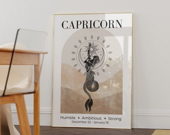 Arte de parede da Deusa do Zodíaco de Capricórnio • Pôster do Zodíaco • Impressão de Capricórnio • Arte de parede de astrologia • Presente de aniversário de Capricórnio • Decoração de Capricórnio •