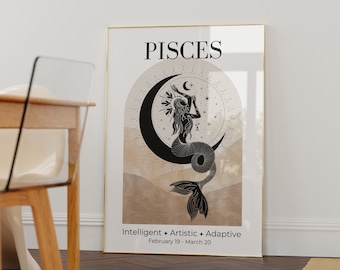 Arte de parede da Deusa do Zodíaco de Peixes • Pôster do Zodíaco • Impressão de Peixes • Arte de parede de astrologia • Presente de aniversário de Peixes • Decoração de Peixes • Arte de parede celestial