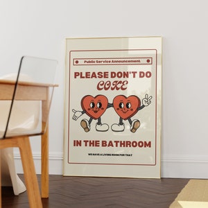 Retro Please Don't Do Coke In The Bathroom Print • Beige Groovy Animated Hearts Wall Art • Funny Bathroom Digital Art • 70s Aesthetic Poster