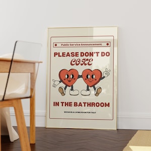 Retro Please Don't Do Coke In The Bathroom Print • Beige Groovy Animated Hearts Wall Art • Funny Bathroom Digital Art • 70s Aesthetic Poster