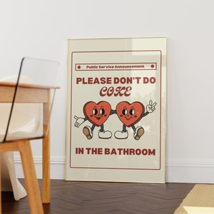 Retro Por favor, no hagas Coca-Cola en el baño Impresión • Arte de pared de corazones animados divertidos • Arte digital de baño divertido • Decoración de arte de pared de inodoro