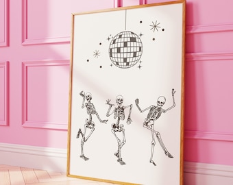 Dancing Skeletons Halloween Wall Art • Elegant Disco Ball Aesthetic Print • Funky Wall Decor • Indie Trendy Poster • Digital Download