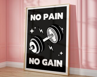 Retro Home Gym Wall Art Print • No Pain No Gain Black White Wall Art • Gym Decor • Weightlifting, Dumbbells Printable • Y2K Exercise Art