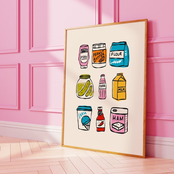 Funky Grocery Items Poster • Colorful Food Art Prints • Cute Kitchen Wall Decor• Digital Art Mayo, Pickles, Soda, Milk, Ham, Peanut Butter