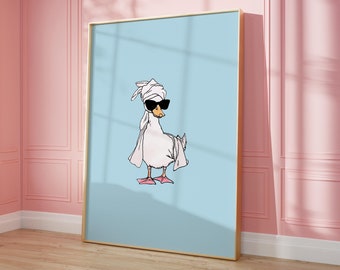 Duck in Head Towel "It Girl" Print • Baby Blue Aesthetic Bathroom Art • Minimalist Duck Digital Art • Quirky Duck Drawing Bathroom Print