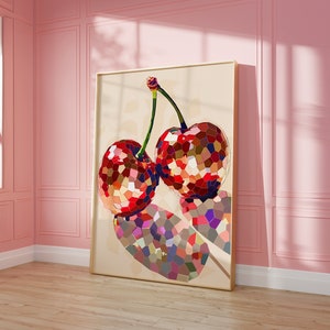Disco Cherries Art Print • Fun Trendy Kitchen Prints • Glam Disco Ball Red Cherry Wall Decor • Aesthetic Fruit Preppy Dorm Room Decor