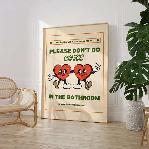 Please Don't Do Coke In The Bathroom Retro Poster • Green Funky Cartoon Print • Funny Bathroom Digital Wall Art • 70s Aesthetic Poster