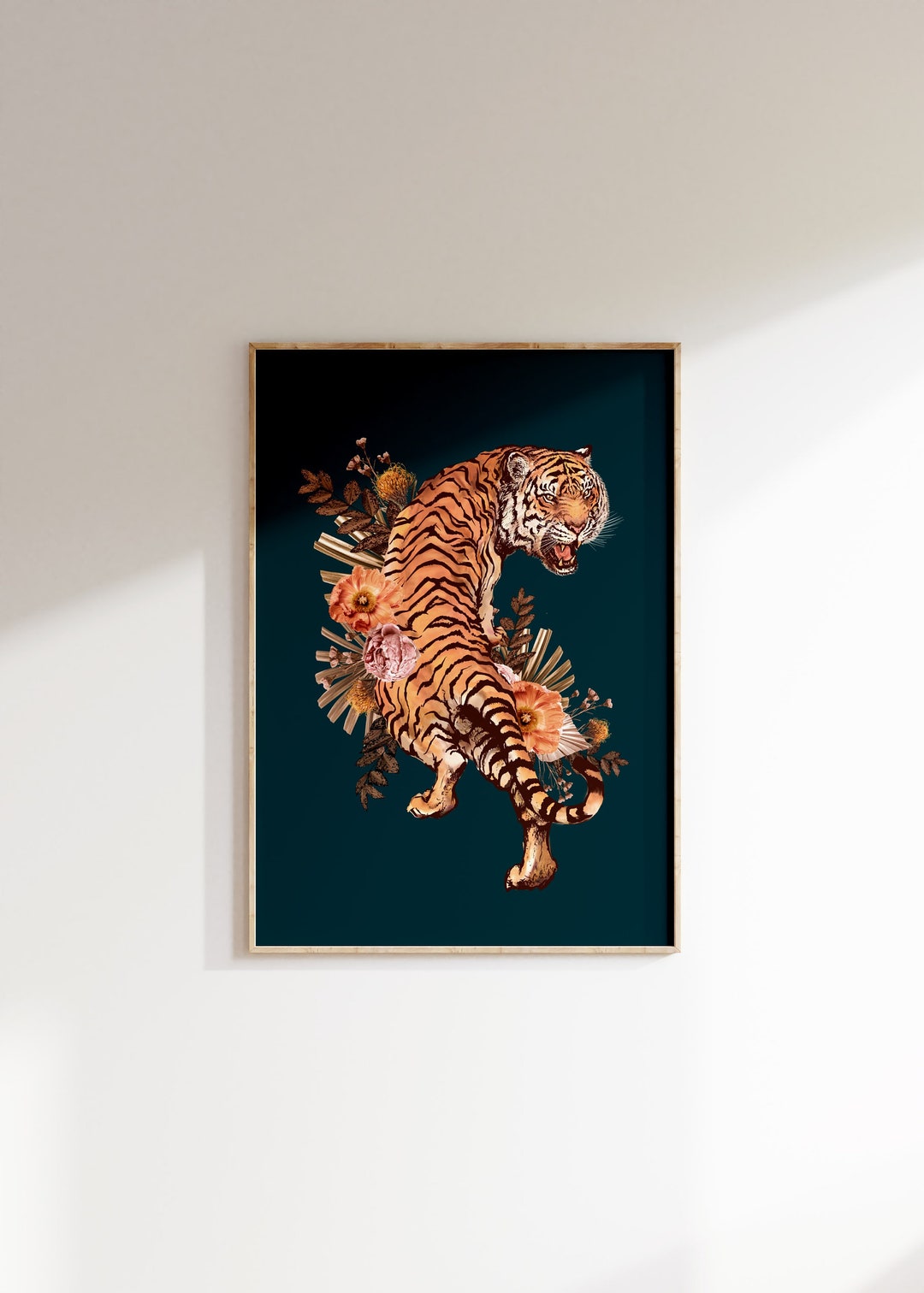 Floral Tiger Digital Print Big Cat Wall Art Emerald Dark Green Tiger Poster Animal Print