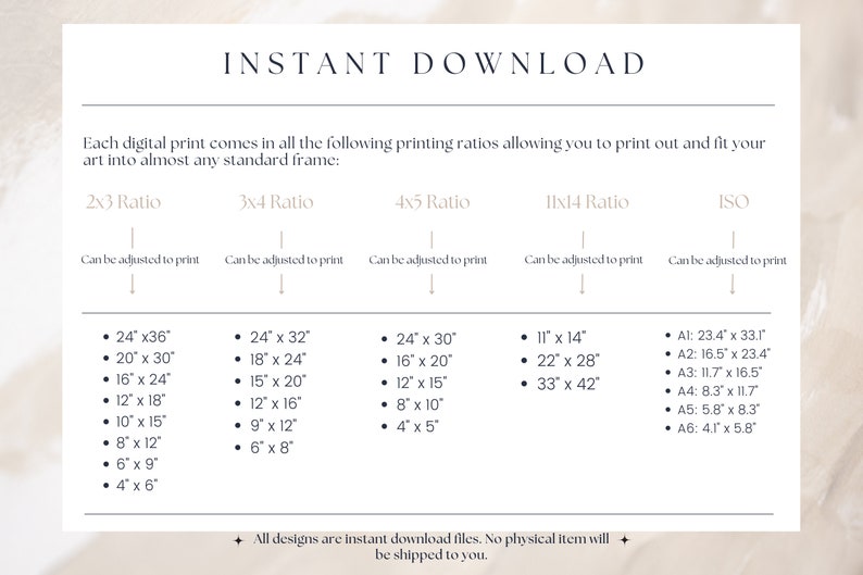 Puede incluir: Una hoja de papel blanca con texto negro que explica diferentes proporciones de impresi&oacute;n para impresiones digitales. El texto incluye las proporciones 2x3, 3x4, 4x5, 11x14 e ISO. Cada proporci&oacute;n va seguida de una lista de tama&ntilde;os de impresi&oacute;n comunes en pulgadas.