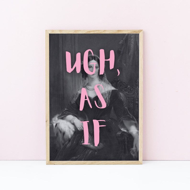 Puede incluir: Un retrato en blanco y negro de una mujer con un vestido y velo con el texto "ugh, as if" en letras rosas.