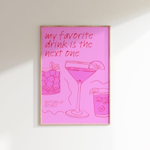 Hot Pink Bar Cart Print • Póster divertido de alcohol • Funky Cute Alcohol Quote Wall Decor • Preppy Pink Bar Wall Art • Girly Cocktail Prints