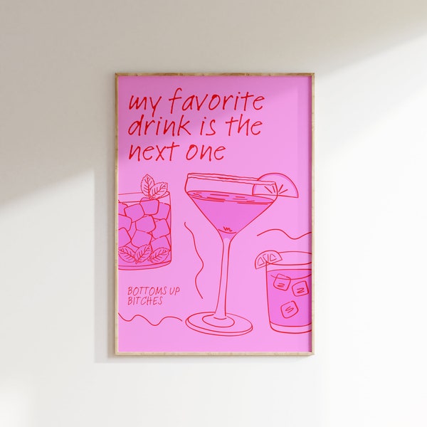 Hot Pink Bar Cart Print • Funny Alcohol Poster • Funky Cute Alcohol Quote Wall Decor • Preppy Pink Bar Wall Art  • Girly Cocktail Prints