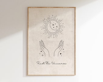 Trust The Universe Art Print • Téléchargement instantané • Citation spirituelle Boho Poster • Black Beige One Line Art • Minimalist Celestial Contemporary