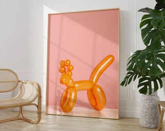 Orange Balloon Dog Print • Trendy Pink Animal Prints • Modern Wall Art • 3D Balloon Dog • Preppy Dorm Decor • Girly Preppy Prints