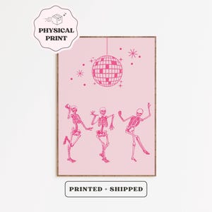 Skeletons Dance Under a Disco Ball Physical Poster • Funny, Aesthetic & Funky Living Room Decor • Blush Pink Girly Dorm Room Decor Poster