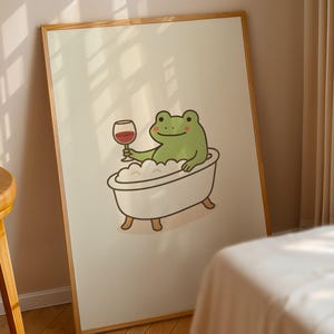 Print schattige kikker in badkuip • Grappige badkamermuurkunst • Trendy dierenzelfzorgprint • Kikker drinkt wijn • Cottagecore-decoratie voor doucheruimte